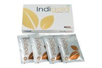 Indigold Formula box with multiple supplement sachets laid out