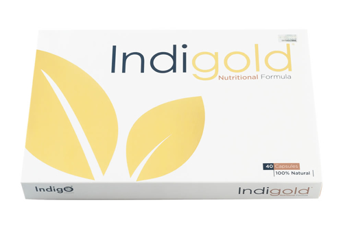 Front view of Indigold Formula nutritional supplement box with gold leaf design