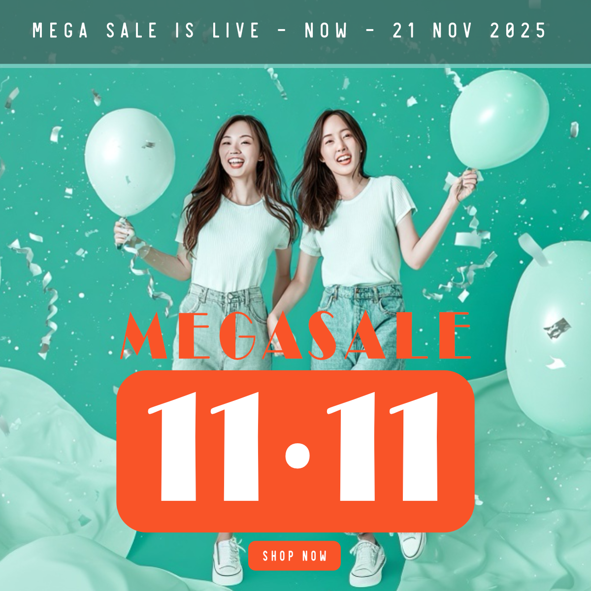 11.11 Mega Sale banner featuring two women celebrating with balloons and confetti, promoting Indigo Lifestyle’s annual sale from now until 21 November 2025.